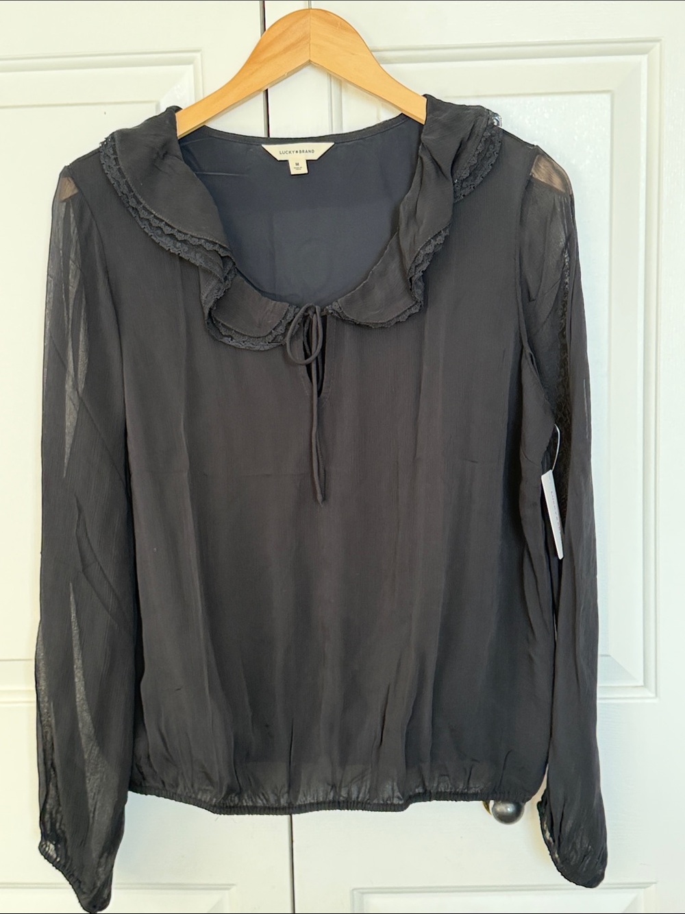Lucky Brand Black Ruffle Tie-Neck Sheer Long-Sleeve Blouse